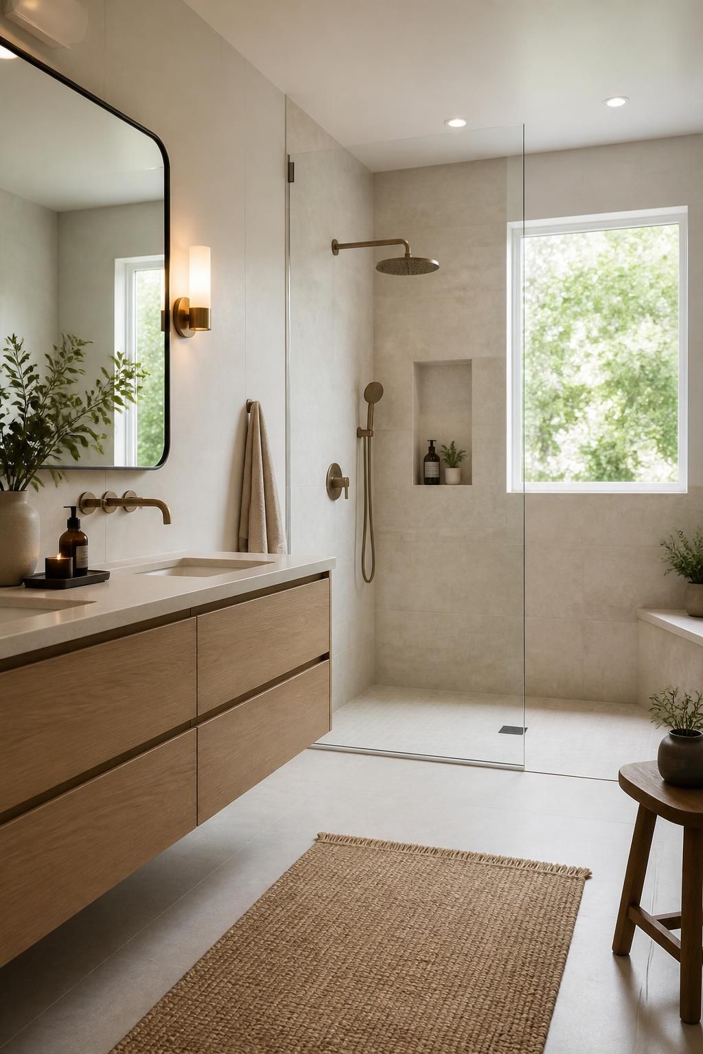 Modern bathroom with floating vanity and tiled shower.