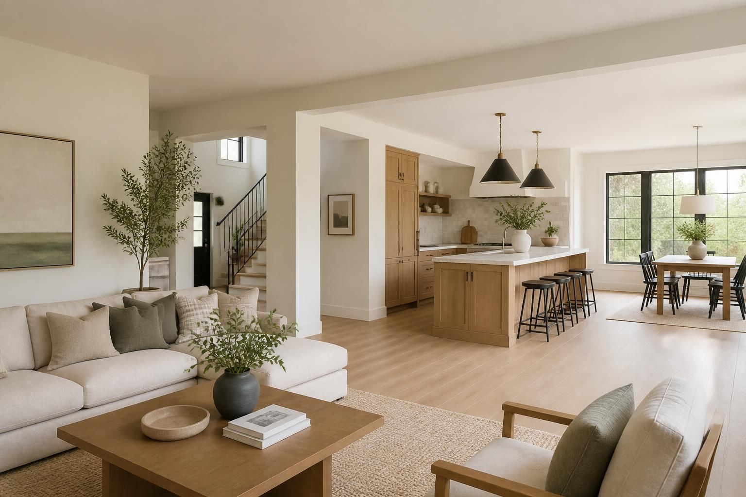 Open remodeled interior with calm neutral finishes.